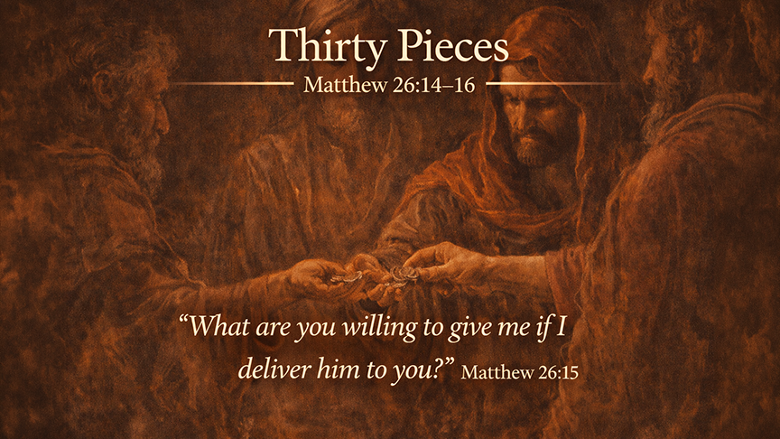 Thirty Pieces — A wide 16:9 photo-realistic image of silver coins resting in a dimly lit hand, with shadows suggesting the weight of betrayal.