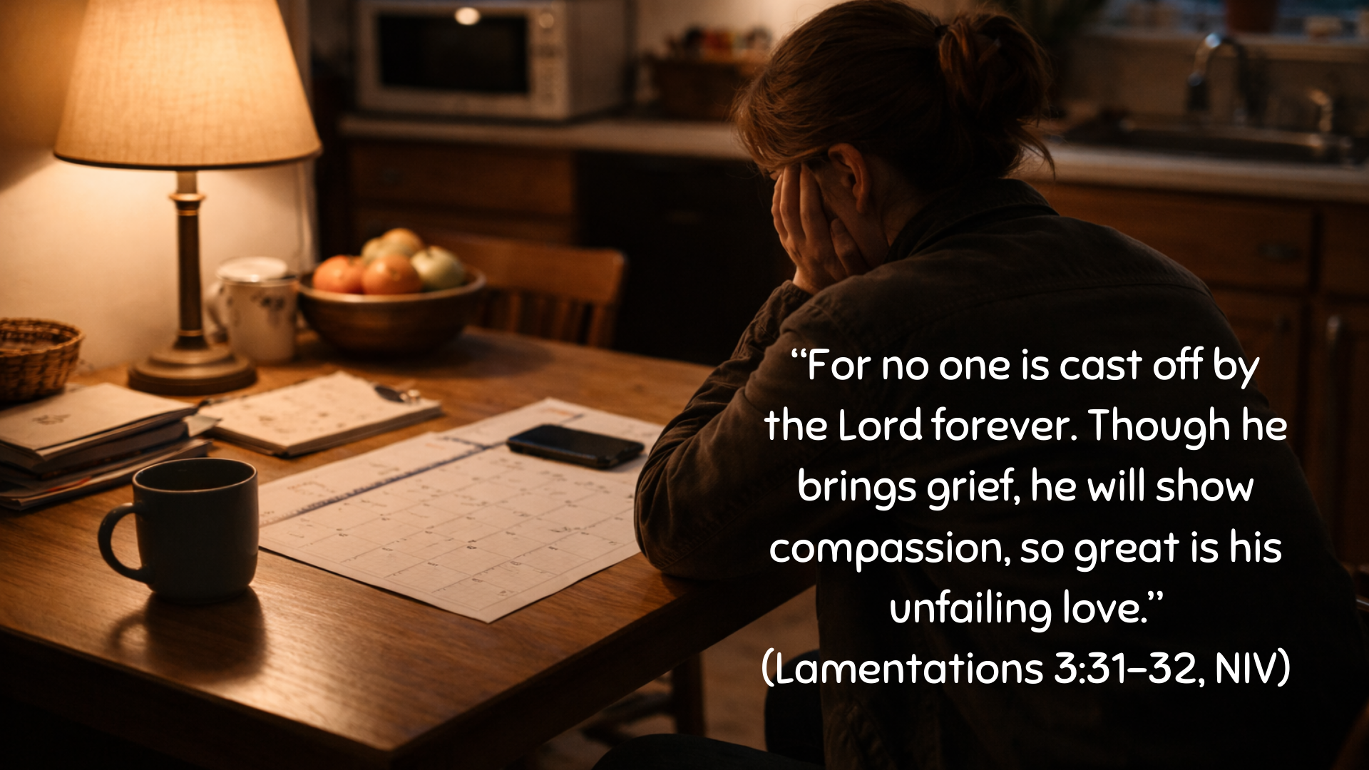 A woman sits at a kitchen table late at night with her head in her hands, papers and a calendar spread before her, a warm lamp lighting the room, conveying weariness and reflection, paired with Lamentations 3:31–32 about God’s compassion and unfailing love.
