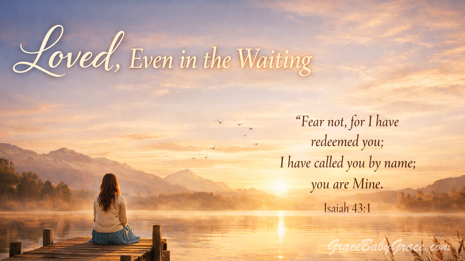 Wide devotional image showing a woman seated on a wooden dock at sunrise, overlooking a calm lake and distant mountains, with the text “Loved, Even in the Waiting” and Isaiah 43:1 reminding viewers of God’s personal, redeeming love during seasons of waiting.
