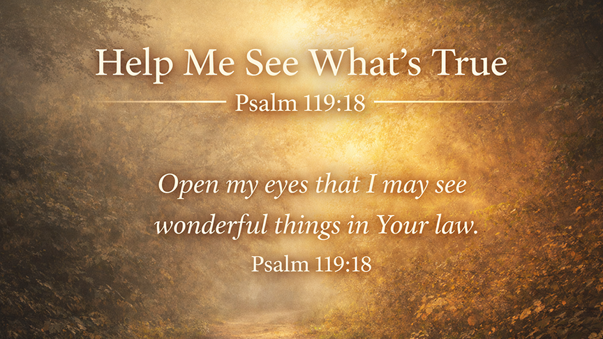 Help Me See What’s True A wide image of sunlight breaking through morning fog on a quiet path, symbolizing Psalm 119:18 and a prayer for God to open our eyes to truth and grace.