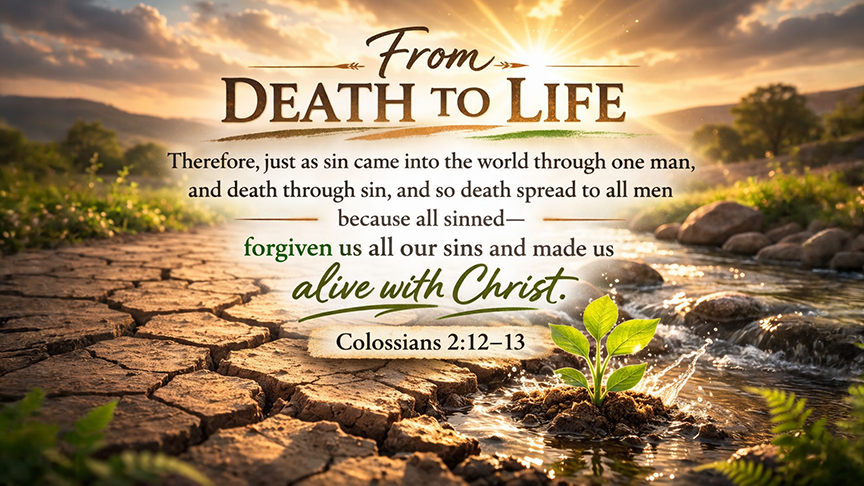 From Death to Life — A wide 16:9 photo-realistic image of a small green plant growing through cracked, dry soil with warm sunlight shining down, symbolizing new life emerging from barrenness. The image includes the title From Death to Life and the full scripture text of Colossians 2:12–13.