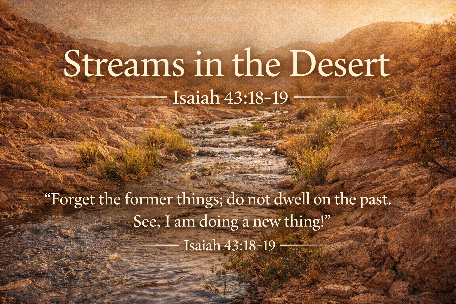 Streams in the Desert — A wide 16:9 photo-realistic image of clear water flowing through a dry desert landscape, with sunlight illuminating small patches of green life along the stream. The image includes the title Streams in the Desert and the most pertinent scripture text from Isaiah 43:18–19.