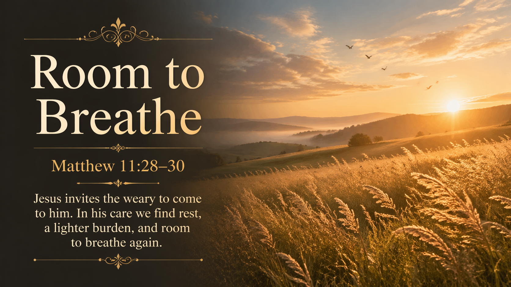 Room to Breathe, a wide 16:9 photo-realistic image of an open field at sunrise with soft wind moving through tall grass