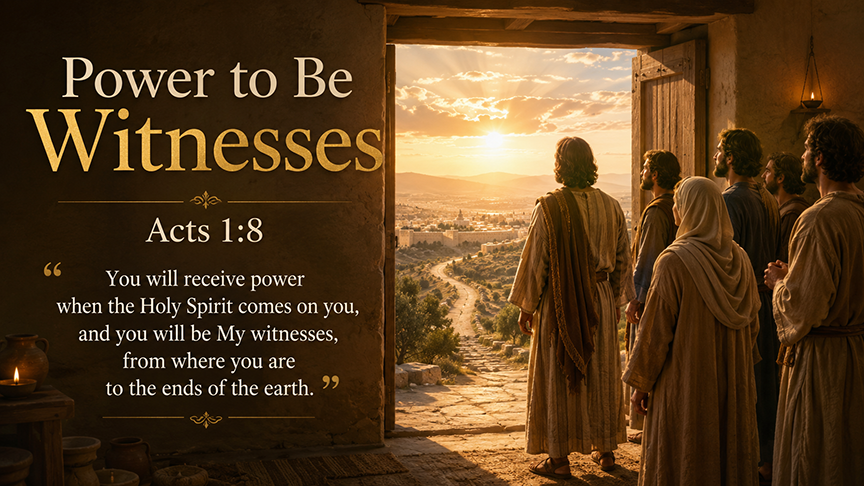 Power to Be Witnesses, a wide 16:9 photo-realistic image of a small group of believers standing near an open doorway at sunrise, looking toward a road leading into a distant city and beyond, with warm Pentecost light around them, symbolizing Acts 1:8 and the Spirit sending the Church into the world. The image includes the title and a paraphrase of the text
