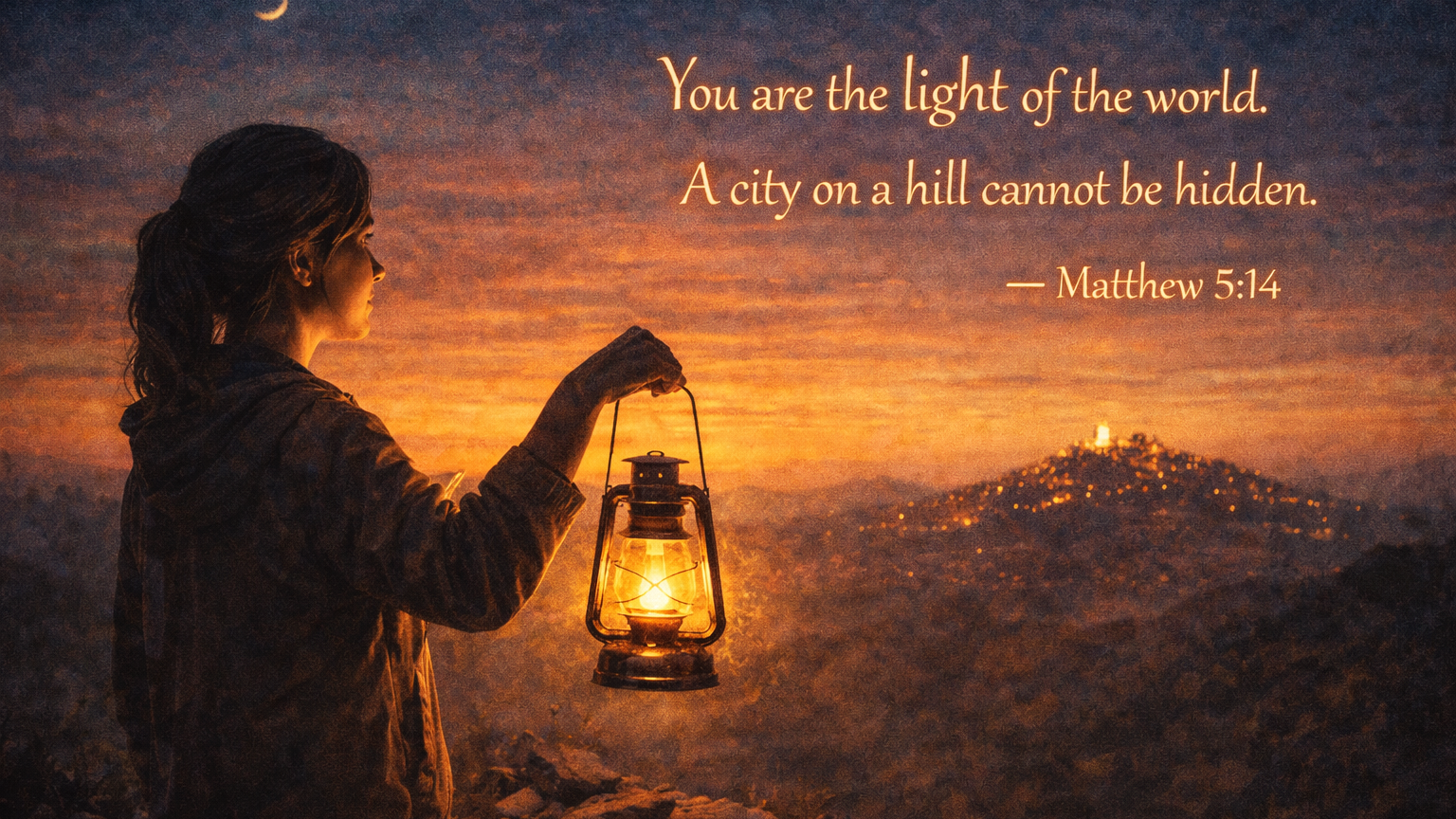 Matthew 5:14 – Reflecting the Light Wide twilight image of a woman holding a glowing lantern while a city shines on a distant hill, illustrating Jesus’ call for His followers to reflect God’s light into the world.