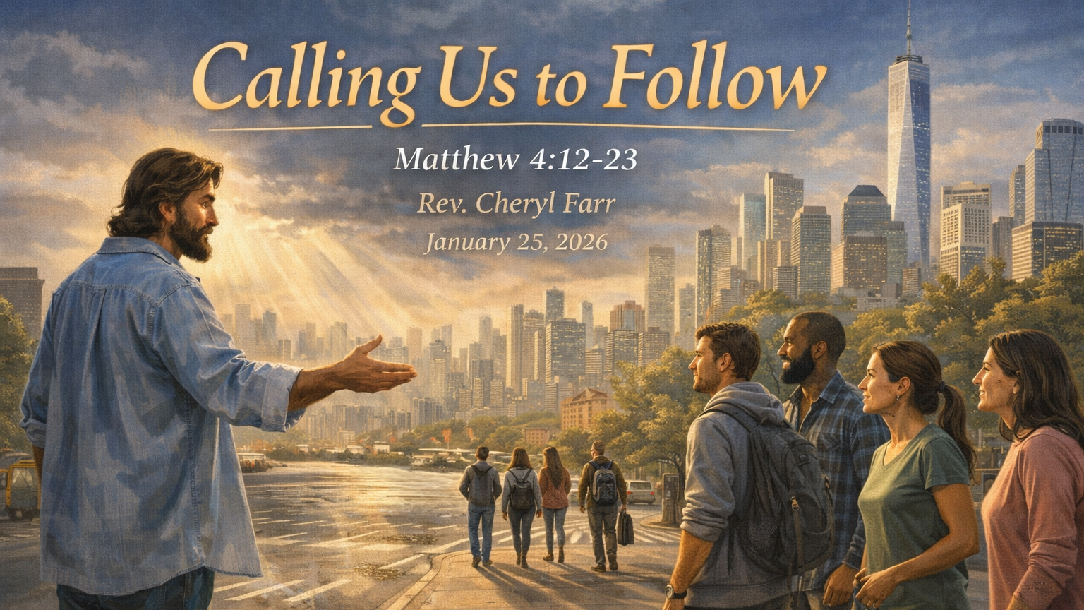 Wide-format image showing Jesus in modern clothing standing on a city sidewalk at sunset, extending His hand toward a diverse group of ordinary people with backpacks and everyday attire. A contemporary city skyline rises behind them as warm light breaks through the clouds, symbolizing Christ’s call to discipleship in everyday life. Text on the image reads: “Calling Us to Follow,” “Matthew 4:12–23,” “Rev. Cheryl Farr,” and “January 25, 2026.”
