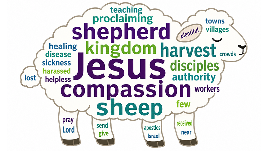 A sheep-shaped word cloud for Matthew 9:35-10:8 with the title “Matthew 9:35-10:8 Word Cloud.” The sheep’s woolly body is filled with key words from the passage, including Jesus, compassion, shepherd, sheep, harvest, kingdom, disciples, authority, healing, prayer, and grace-shaped mission.
