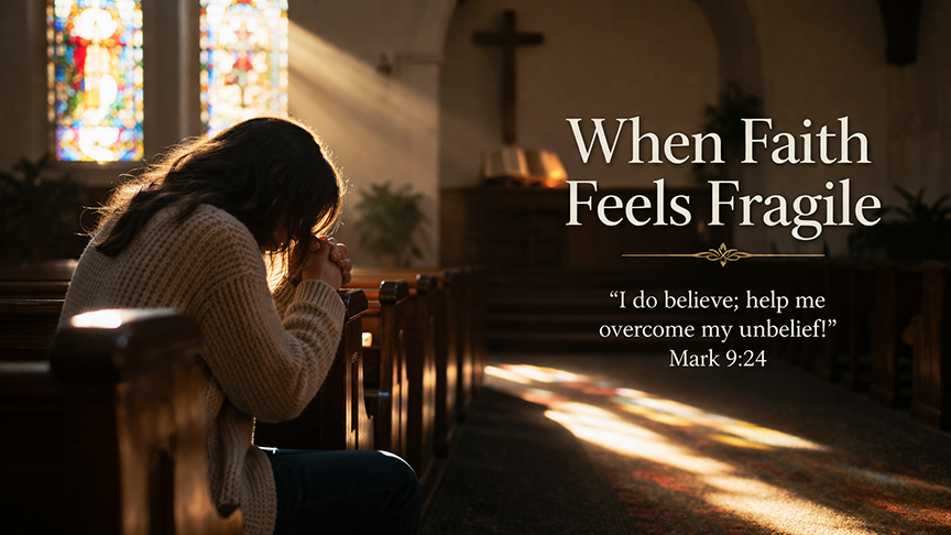 When Faith Feels Fragile, A wide 16:9 photo-realistic image of a person sitting quietly in a church pew with soft morning light falling across the sanctuary, symbolizing an honest moment of struggle, prayer, and faith that feels weak but still reaches for Christ. 