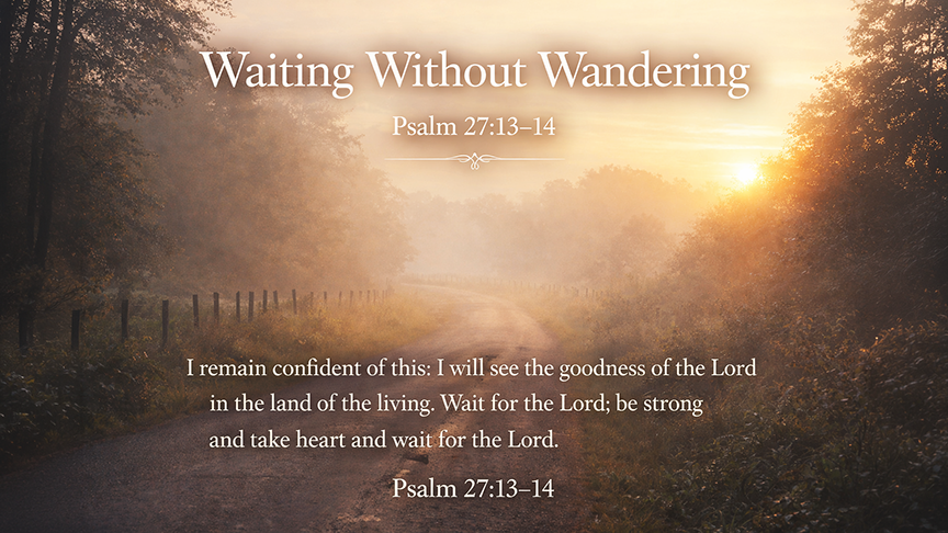 Waiting Without Wandering, A wide 16:9 photo-realistic image of a quiet country road at dawn with soft fog, a gentle bend ahead, and warm light beginning to rise, symbolizing patient trust and God’s guidance in seasons of waiting.