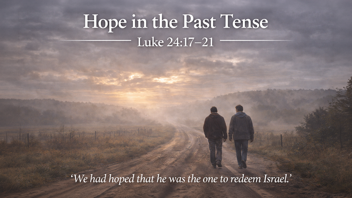 Hope in the Past Tense, a wide 16:9 photo-realistic image of two figures walking a dirt road under a gray sky with soft light beginning to break through the clouds, symbolizing disappointment meeting the presence of Christ.