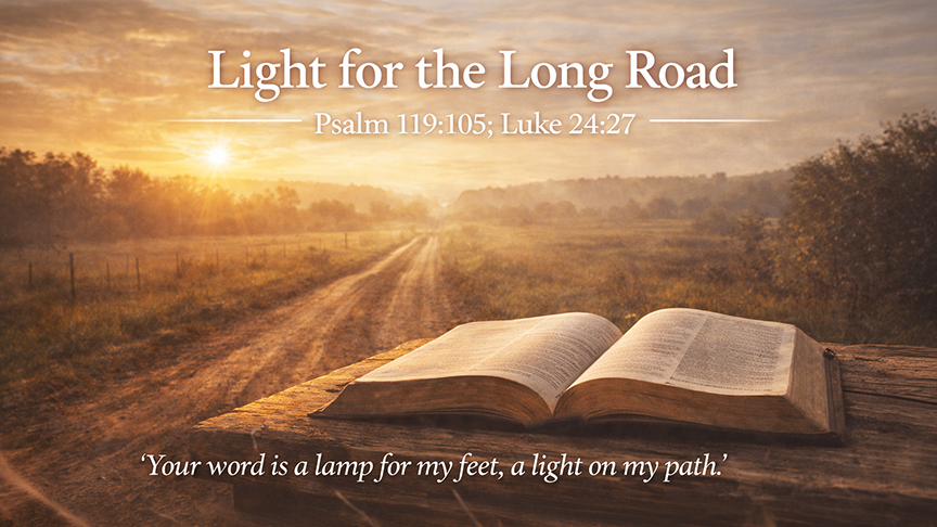 Light for the Long Road, a wide 16:9 photo-realistic image of a dirt road at dawn with golden light falling across the path and an open Bible resting on a weathered wooden surface in the foreground.