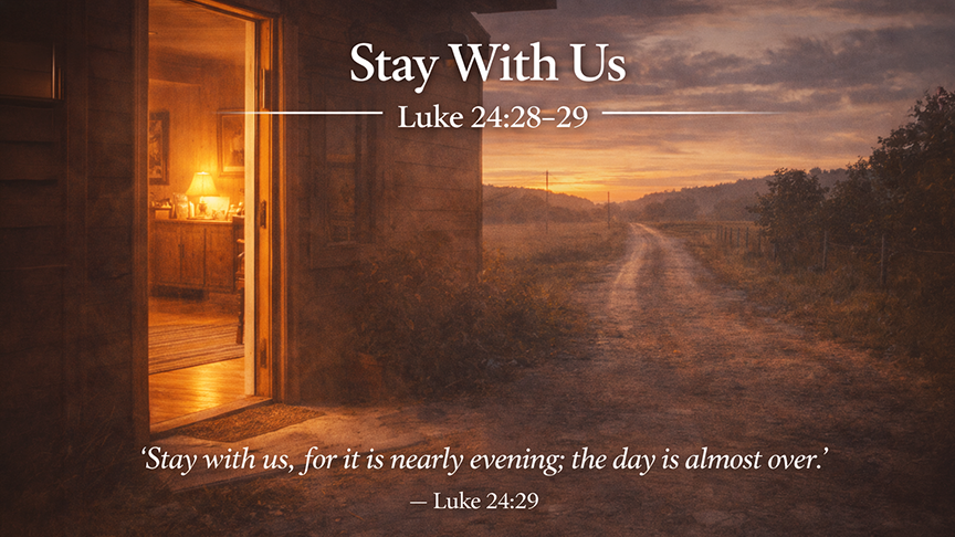Stay With Us, a wide 16:9 photo-realistic image of a warmly lit farmhouse doorway at dusk with soft evening light fading beyond a country road, symbolizing a heartfelt invitation for Christ to remain near. 