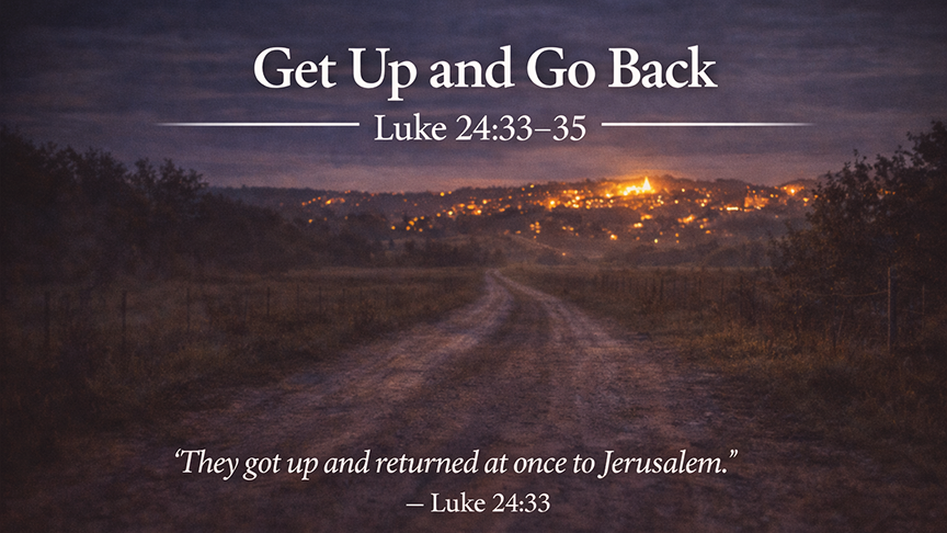 Get Up and Go Back, a wide 16:9 photo-realistic image of a dirt road leading back toward a warmly lit town at nightfall, symbolizing return, witness, and renewed purpose after meeting Christ.
