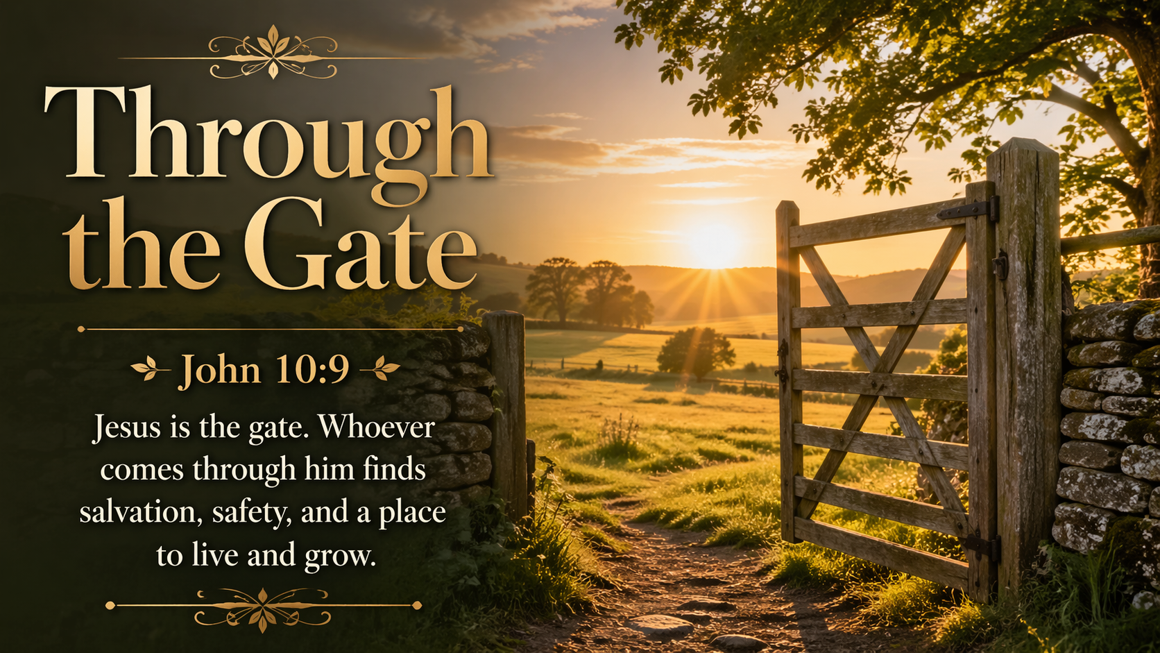 Through the Gate, a wide 16:9 photo-realistic image of a wooden pasture gate opening into a sunlit field