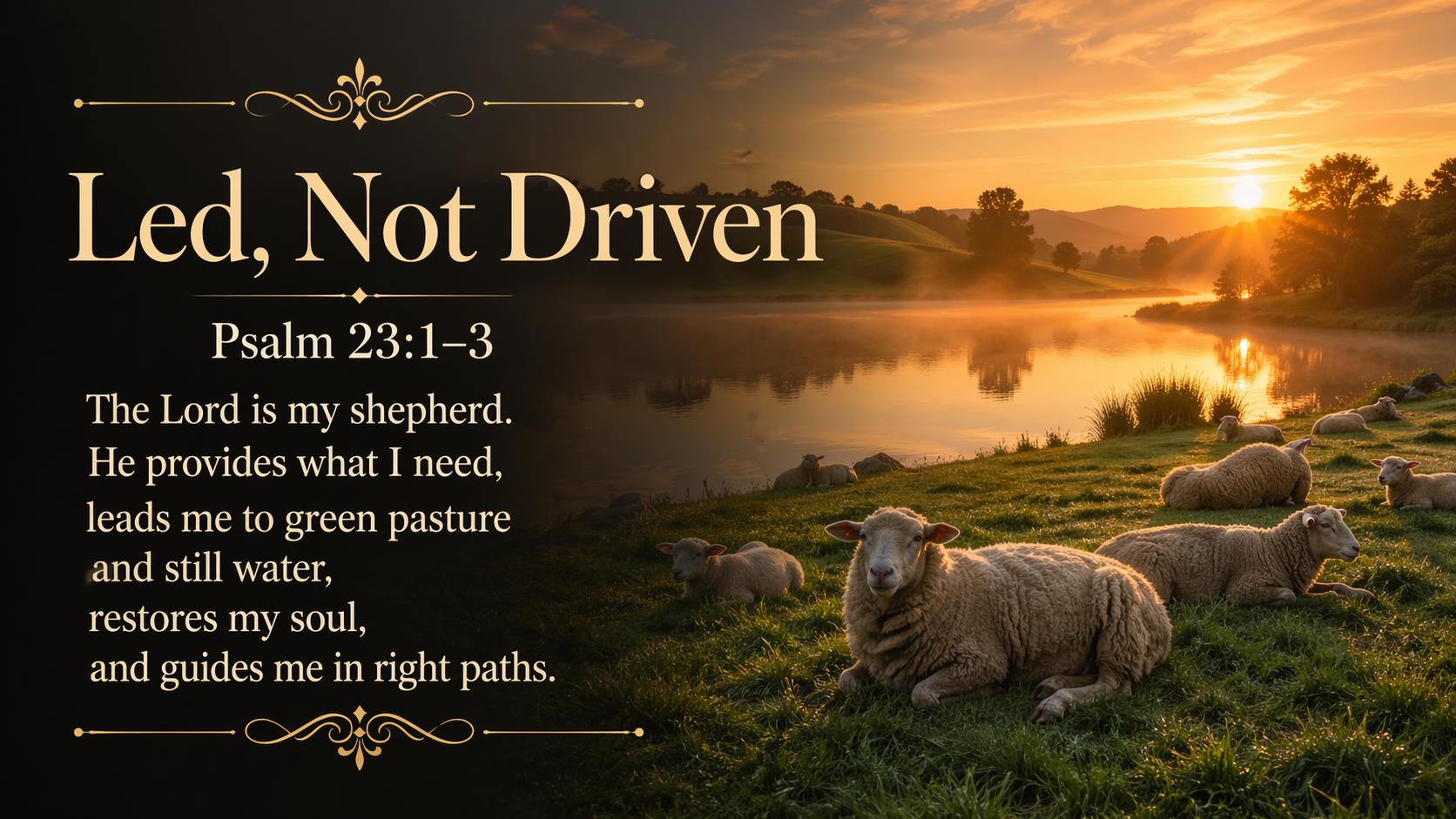 Led, Not Driven, a wide 16:9 photo-realistic image of sheep resting in a green pasture beside still water at sunrise