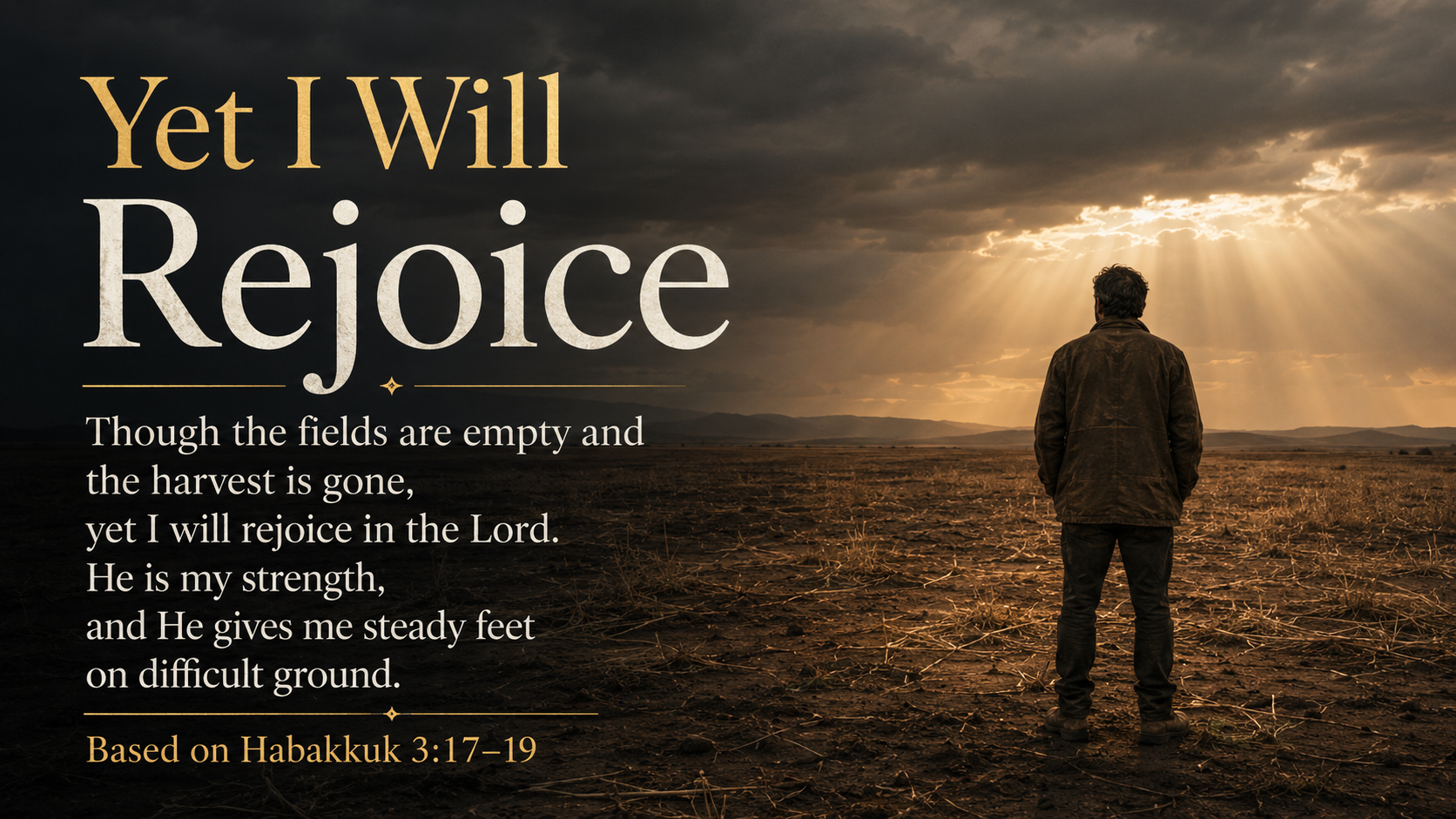 Yet I Will Rejoice, a wide 16:9 photo-realistic image of a person standing in a dry, empty field beneath an overcast sky as warm sunlight breaks through in the distance. The image includes the title Yet I Will Rejoice and the paraphrase, “Even when the fields are empty, God remains my strength.”