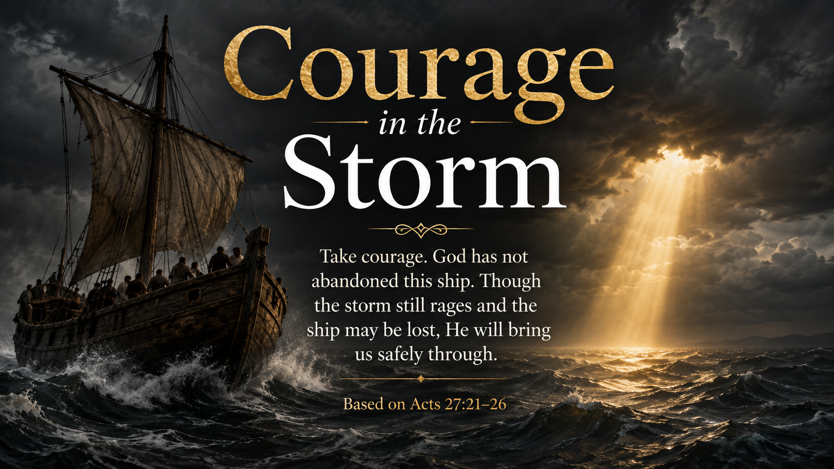Courage in the Storm, a wide 16:9 photo-realistic image of an ancient wooden ship struggling through high waves beneath dark clouds. A narrow beam of warm light breaks through ahead. The image includes the title Courage in the Storm and the paraphrase, “When the usual guides disappear, God still knows the way.”