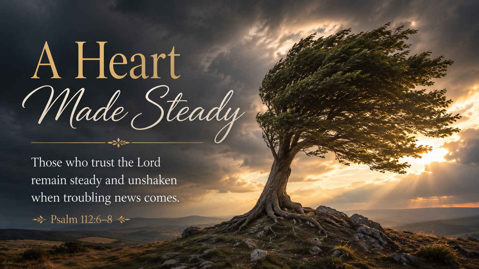 A Heart Made Steady — A wide 16:9 photo-realistic image of a deeply rooted tree standing firm while strong wind moves its branches beneath a darkening sky. Warm light breaks through the clouds, symbolizing the promise that those who trust in the Lord can remain steady and unshaken even when troubling news comes. The image includes the title A Heart Made Steady and a paraphrase of Psalm 112:6–8.