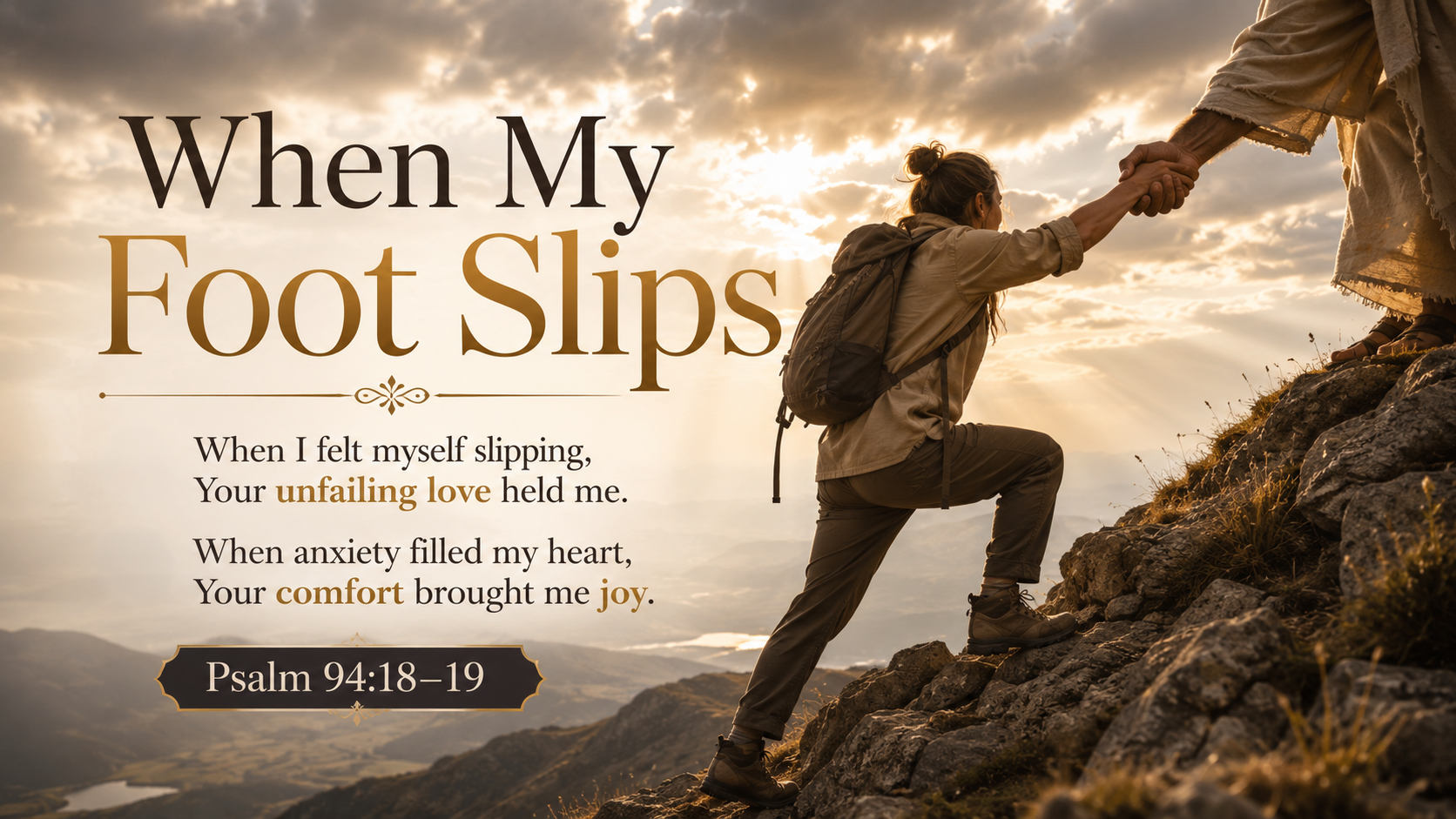 When My Foot Slips — A wide 16:9 photo-realistic image of a person standing carefully on a rocky hillside while a strong hand reaches down to steady them. Morning light breaks through heavy clouds, symbolizing God’s unfailing love holding us up when anxious thoughts threaten to overwhelm us. The image includes the title When My Foot Slips and a paraphrase of Psalm 94:18–19.