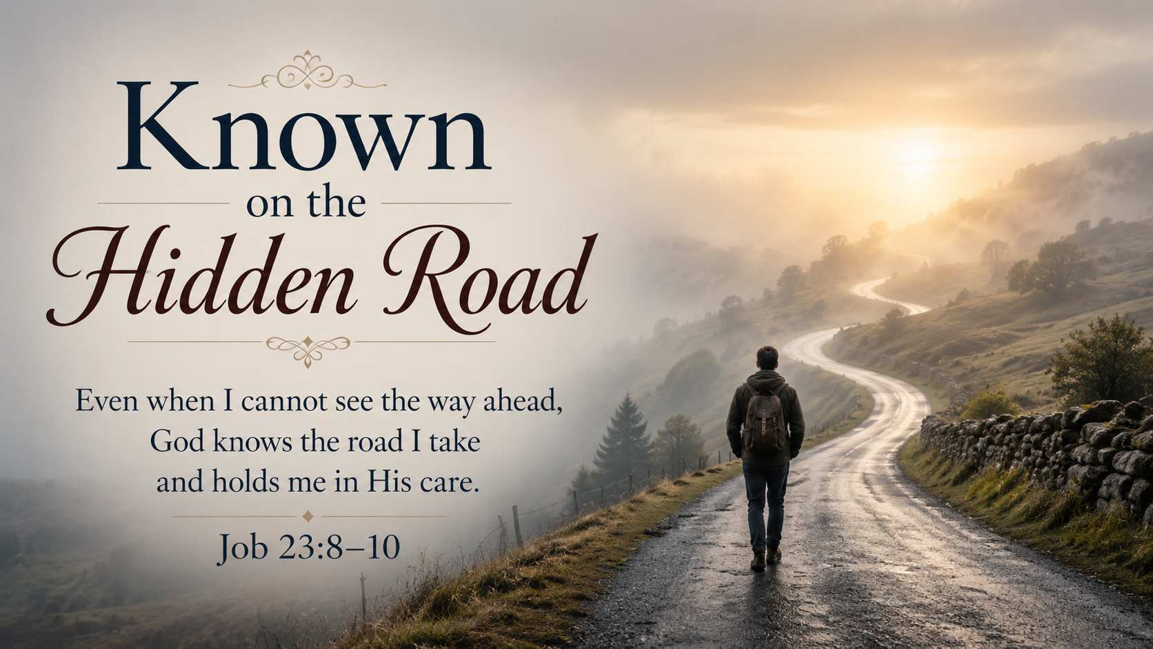 Known on the Hidden Road — A wide 16:9 photo-realistic image of a winding road disappearing into heavy morning fog while a soft light glows farther ahead. A solitary traveler continues forward, symbolizing the promise that even when we cannot see where God is, He still knows the way we take and holds us in His care. The image includes the title Known on the Hidden Road and a paraphrase of Job 23:8–10.