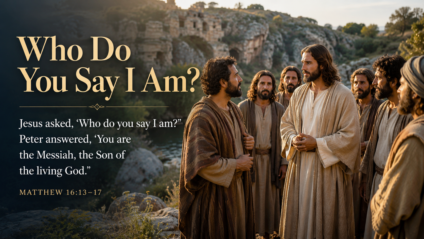 Who Do You Say I Am? A wide 16:9 photo-realistic image of Jesus and His disciples standing near Caesarea Philippi, with Peter looking toward Jesus as the others listen. The image includes the title Who Do You Say I Am? and a paraphrase of Matthew 16:13–17.