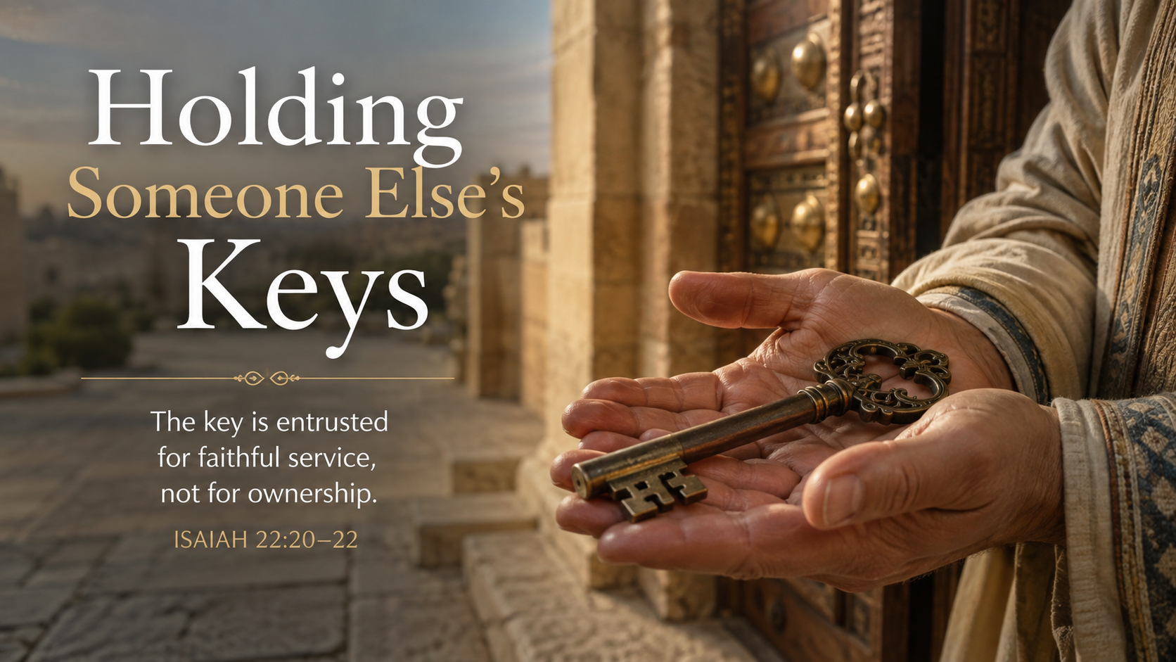 Holding Someone Else’s Keys. A wide 16:9 photo-realistic image of an ancient bronze key resting in open hands before the doorway of a royal household. The image includes the title Holding Someone Else’s Keys and a paraphrase of Isaiah 22:20–22.