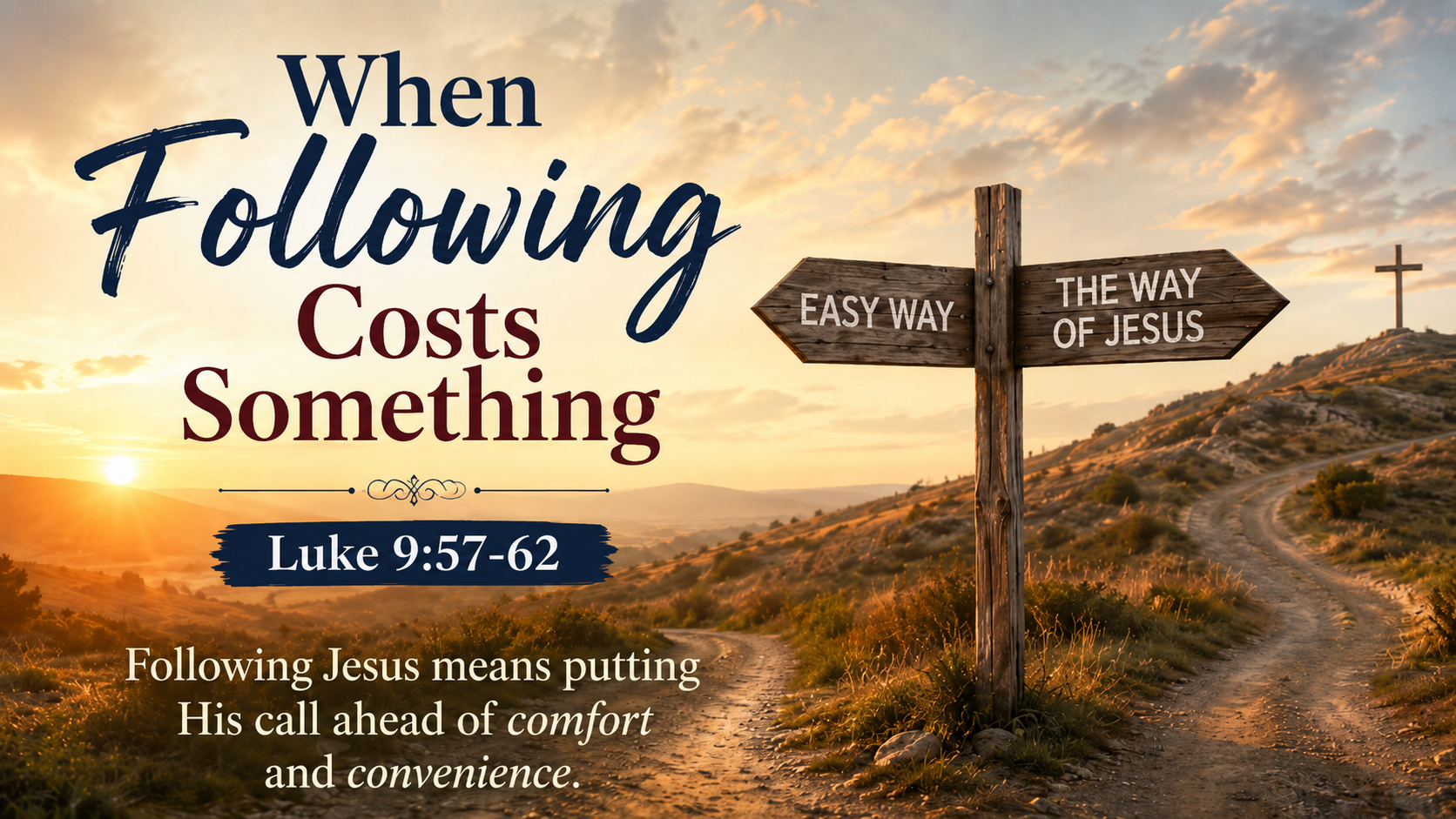 When Following Costs Something A wide, photorealistic image of a fork in a country road at sunrise, with one easier path remaining level and another narrow path rising toward warm light, symbolizing the costly choice of discipleship.