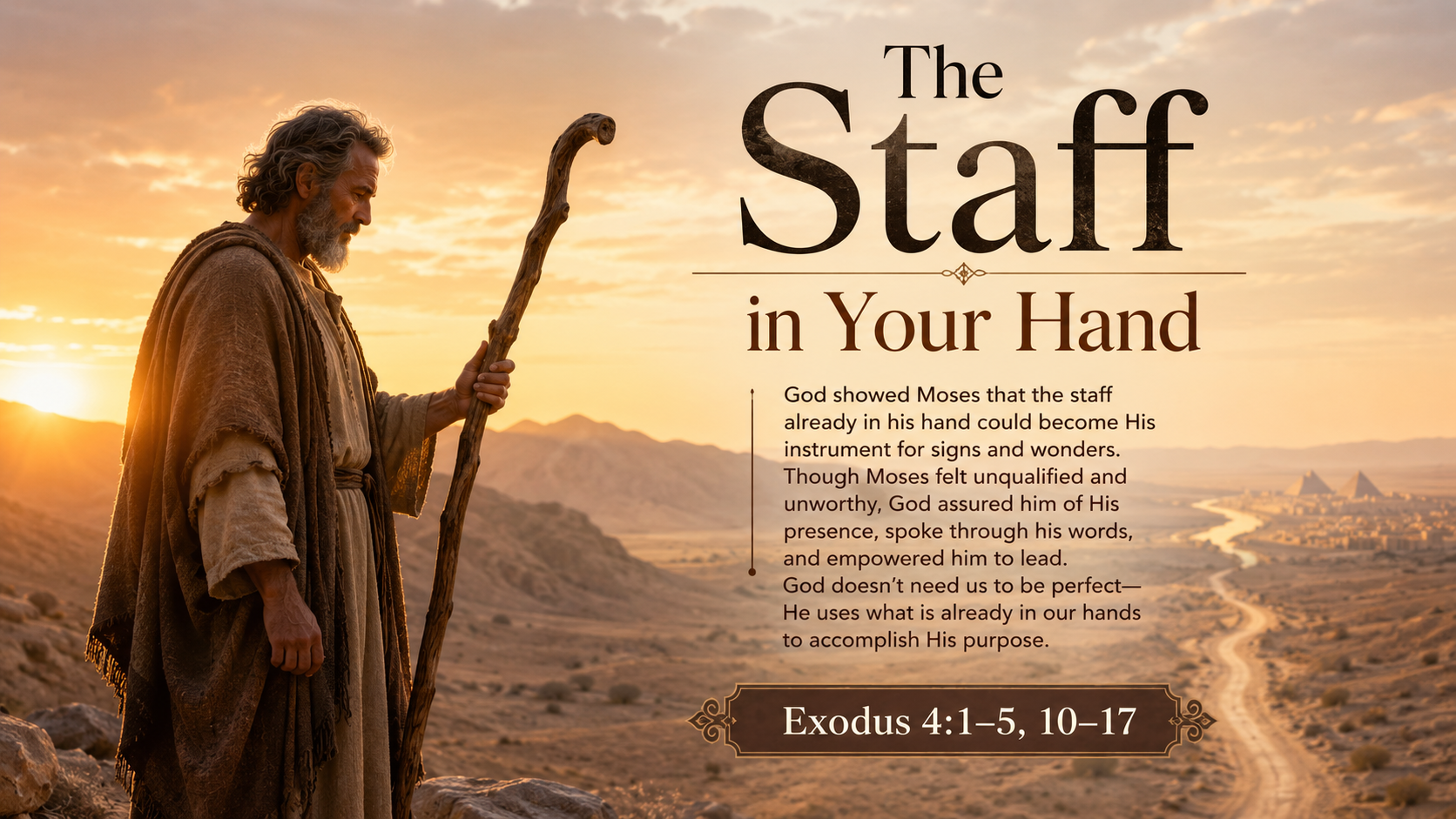 The Staff in Your Hand. A wide 16:9 photo-realistic image of Moses standing in a quiet desert at sunrise, looking at the weathered shepherd’s staff in his hand. Distant mountains and a faint path toward Egypt appear beyond him. The image includes the title The Staff in Your Hand and a paraphrase of Exodus 4:1–5, 10–17.
