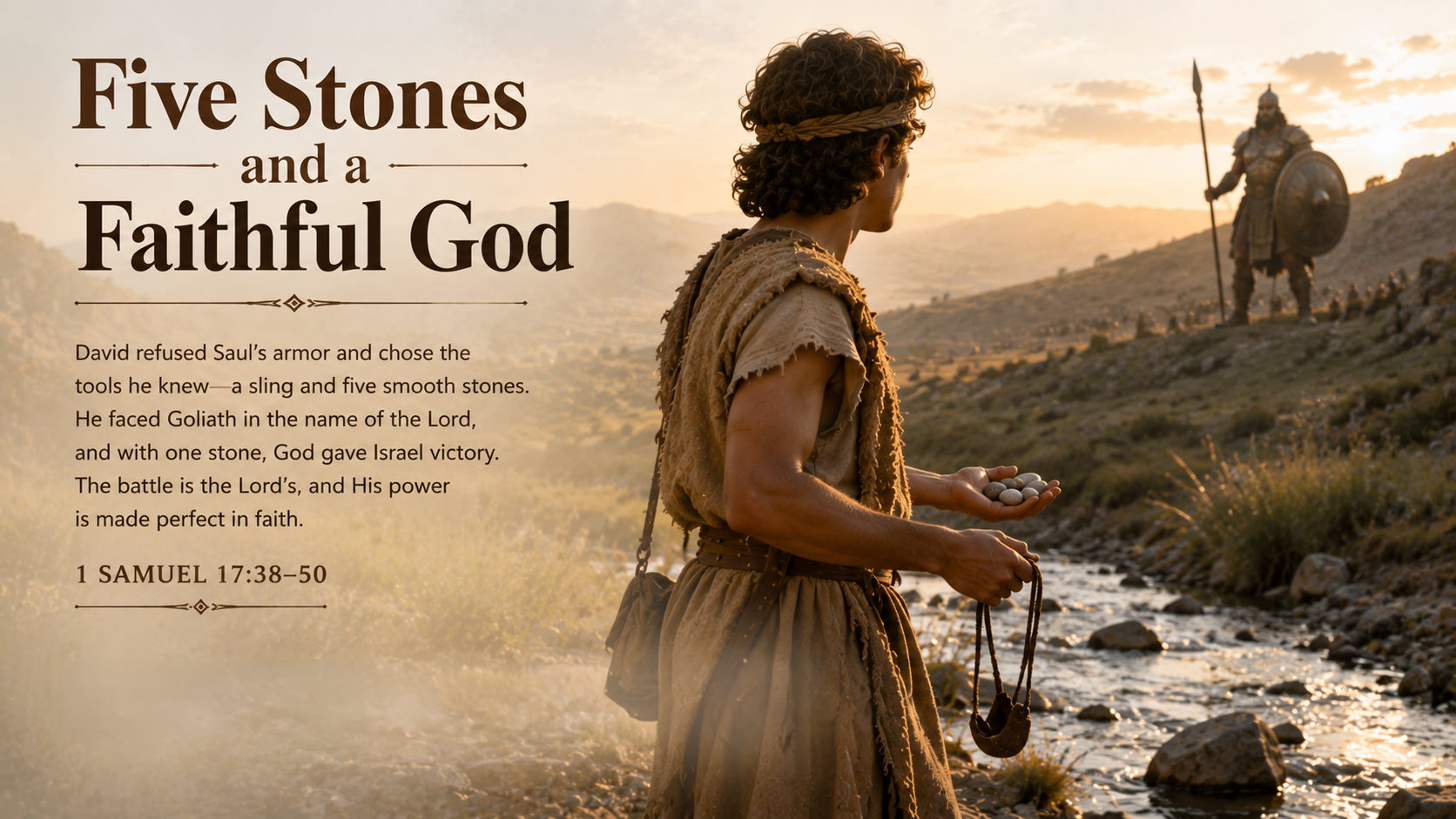 Five Stones and a Faithful God. A wide 16:9 photo-realistic image of young David standing beside a stream at sunrise, holding a sling while five smooth stones rest in his open palm. Goliath appears far away across the valley. The image includes the title Five Stones and a Faithful God and a paraphrase of 1 Samuel 17:38–50.