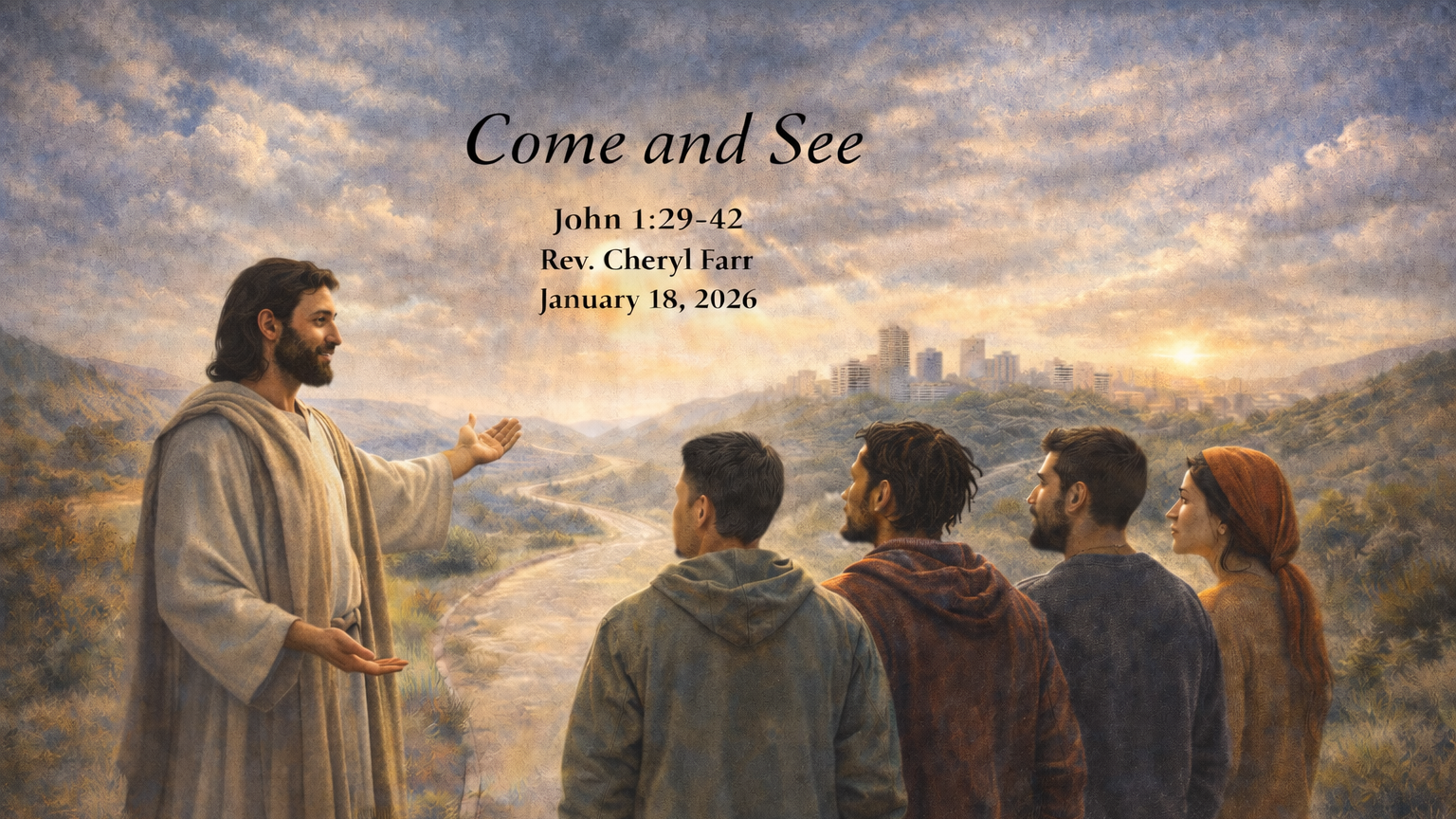 A wide, softly textured image shows Jesus, portrayed as a Middle Eastern Jewish man in a light robe, standing on a hillside with His hands open as He invites four people to follow Him along a winding path toward a glowing city in the distance beneath a warm, cloud-filled sky. Centered above the scene is the text, “Come and See, John 1:29–42, Rev. Cheryl Farr, January 18, 2026.”