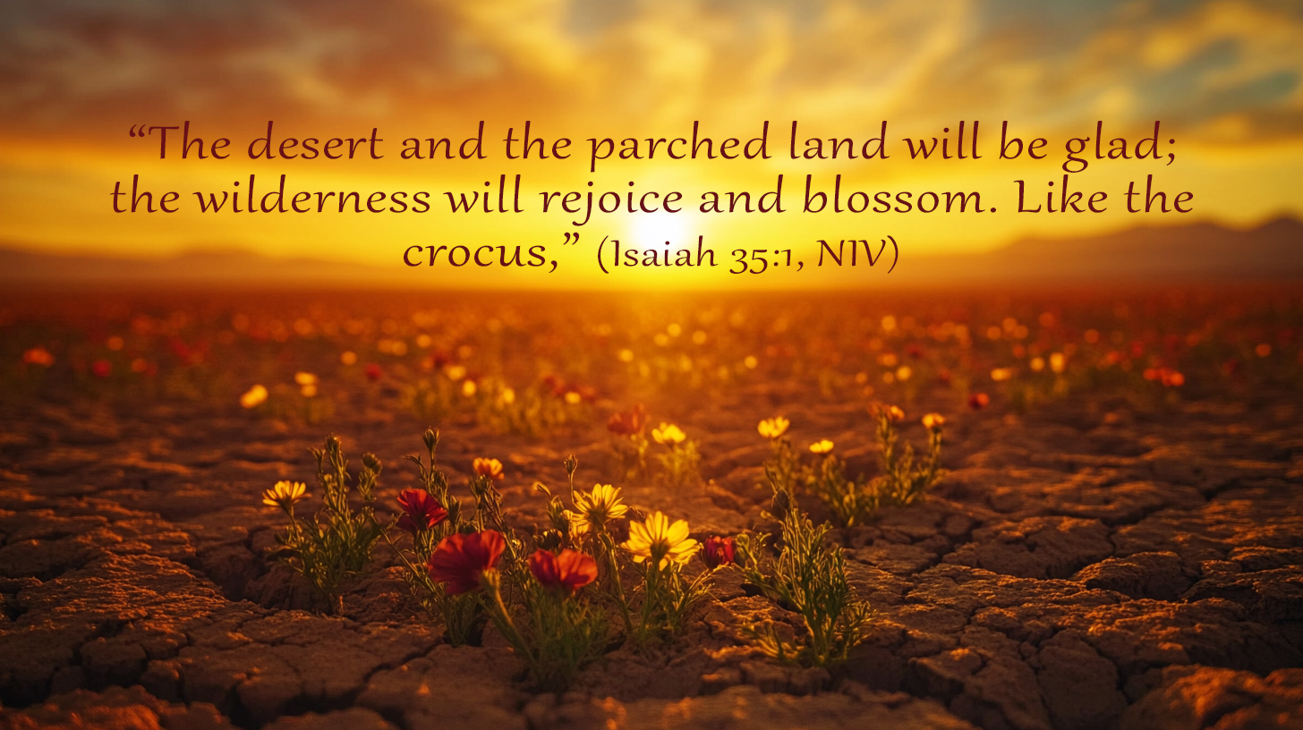 Golden sunrise over a blooming desert representing The Desert Will Bloom—Advent joy and God’s power to restore barren places.