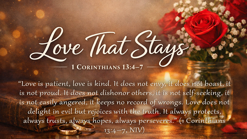 “Love That Stays” title slide featuring a warm, softly lit scene with a Bible resting on a wooden table beside two wedding rings, a candle glowing gently, and a jar of red roses. The image includes the title Love That Stays and the full text of 1 Corinthians 13:4–7, emphasizing patient, enduring love grounded in God’s faithfulness.