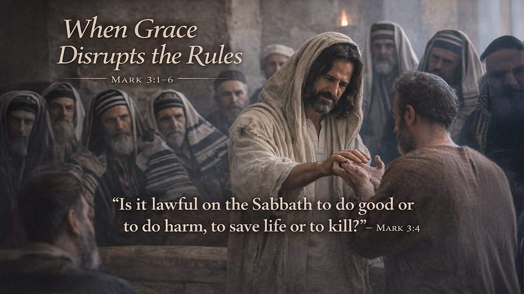 When the Small Things Take Over — A 16:9 devotional image showing a bearded religious leader in traditional robes carefully weighing small herbs on a balance scale while holding a cup, symbolizing meticulous attention to ritual. The background is soft and neutral, drawing focus to the act of measuring. Overlaid text includes Matthew 23:23, highlighting Jesus’ warning about neglecting justice, mercy, and faithfulness while focusing on minor details. The image visually contrasts precise religious practice with the deeper call to love and compassion.