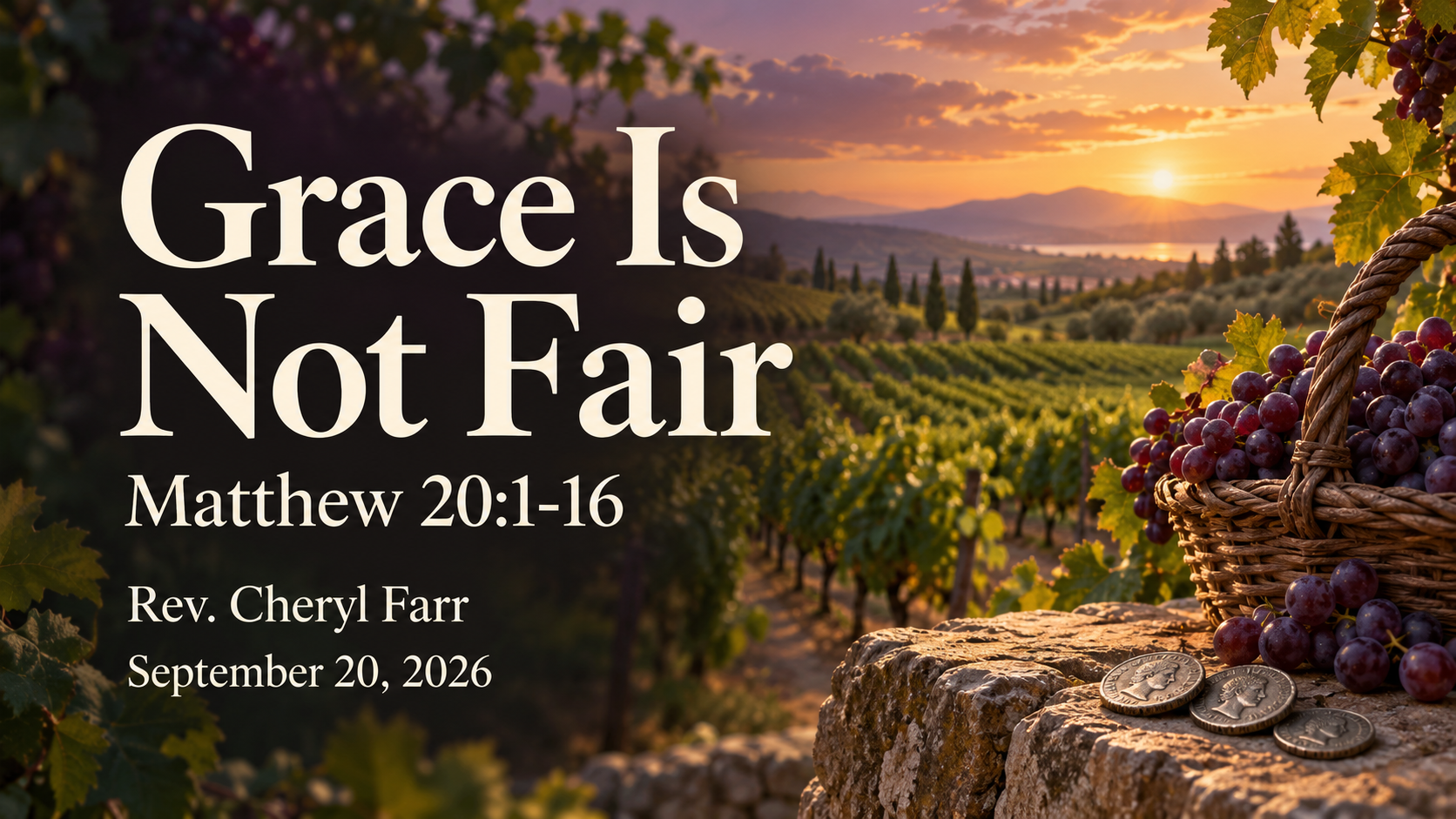 Grace Is Not Fair title slide with a sunset vineyard, grapes, and silver coins, displaying Matthew 20.1-16, Rev. Cheryl Farr, and September 20, 2026.