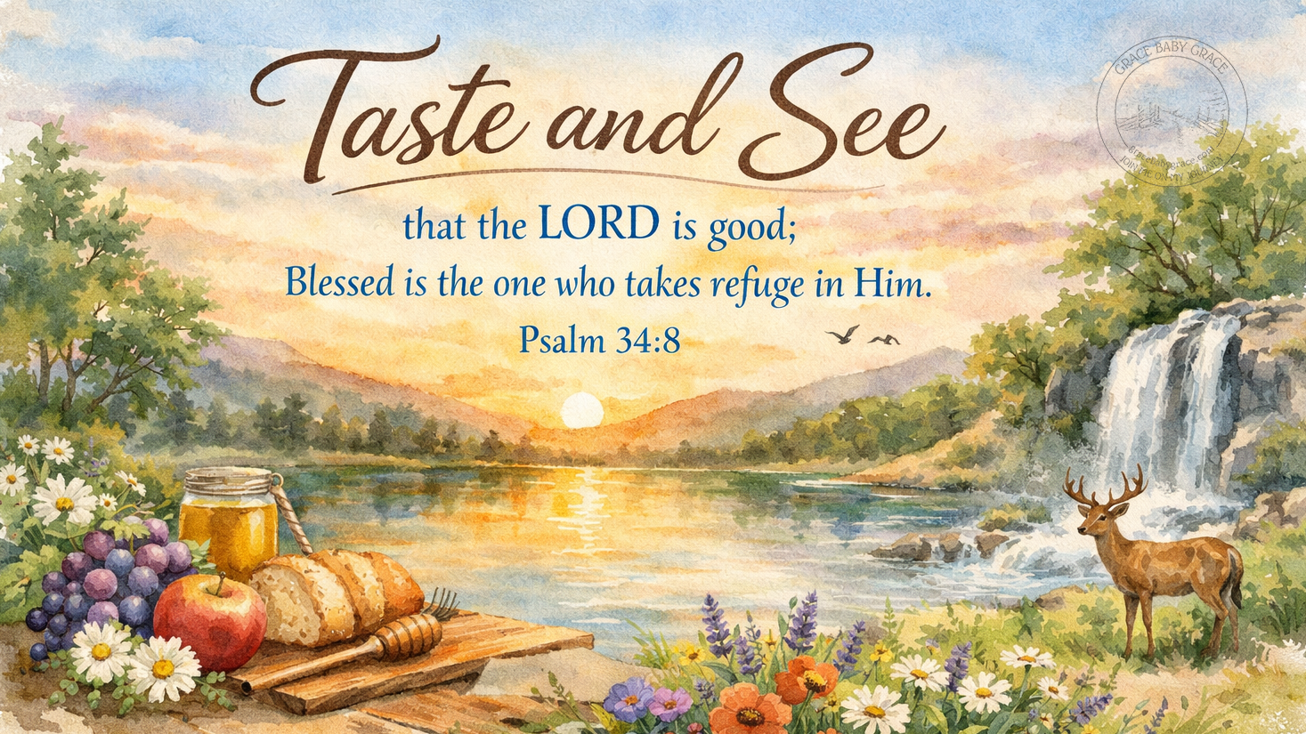Wide watercolor devotional image titled Taste and See, illustrating Psalm 34:8, with soft pastel tones showing a peaceful lakeside at sunrise, flowing water, wildflowers, fruit and bread symbolizing God’s goodness, and the full scripture displayed gently within the scene.