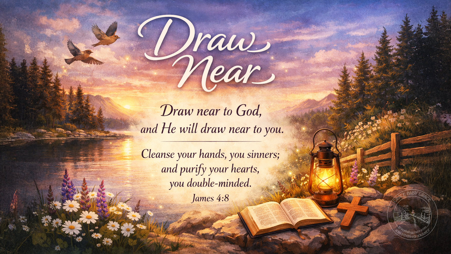 Wide devotional image titled “Draw Near” inspired by James 4:8, showing a peaceful lakeside at sunset with soft glowing light, an open Bible, a wooden cross, and a lit lantern beside wildflowers, symbolizing approaching God in humility and trust as He draws near to us.