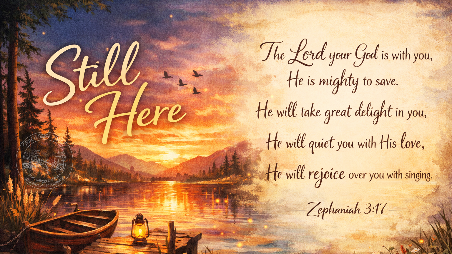 Wide devotional image titled “Still Here” illustrating Zephaniah 3:17, showing a peaceful lakeside at sunset with a wooden dock, a small rowboat, and a glowing lantern. Warm golden light reflects on the water as birds fly across the sky, symbolizing God’s comforting presence, steady love, and joyful delight over His people.