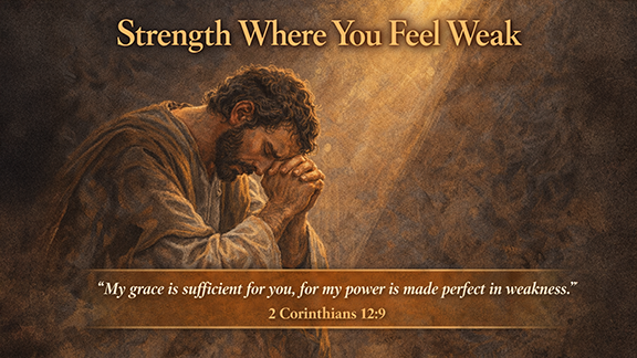 Title slide for “Strength Where You Feel Weak.” The Apostle Paul is shown kneeling in prayer, head bowed and hands clasped, surrounded by shadow with warm light falling across him. The mood is quiet and reflective. Text reads, “My grace is sufficient for you, for my power is made perfect in weakness,” 2 Corinthians 12:9.