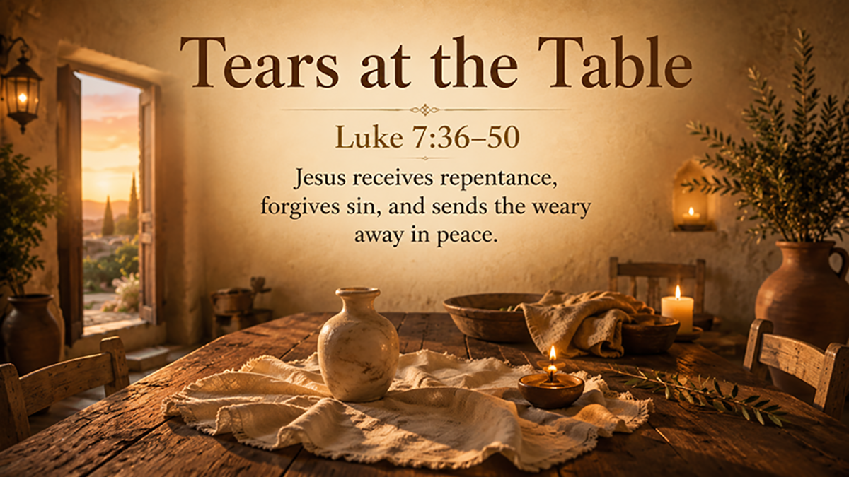 Tears at the Table, a wide 16:9 photo-realistic image of a simple dining table in soft candlelight with a small alabaster jar, a linen cloth, and warm shadows, symbolizing repentance, mercy, forgiveness, and restored dignity in Luke 7:36&ndash;50. The image includes the title Tears at the Table and a paraphrase of Luke 7:36&ndash;50.