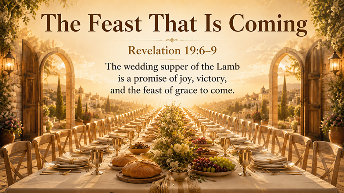 The Feast That Is Coming, a wide 16:9 photo-realistic image of a long banquet table glowing in golden light beneath a bright sky, with bread, cups, and many places prepared, symbolizing the wedding supper of the Lamb in Revelation 19:6–9. The image includes the title The Feast That Is Coming and a paraphrase of Revelation 19:6–9.