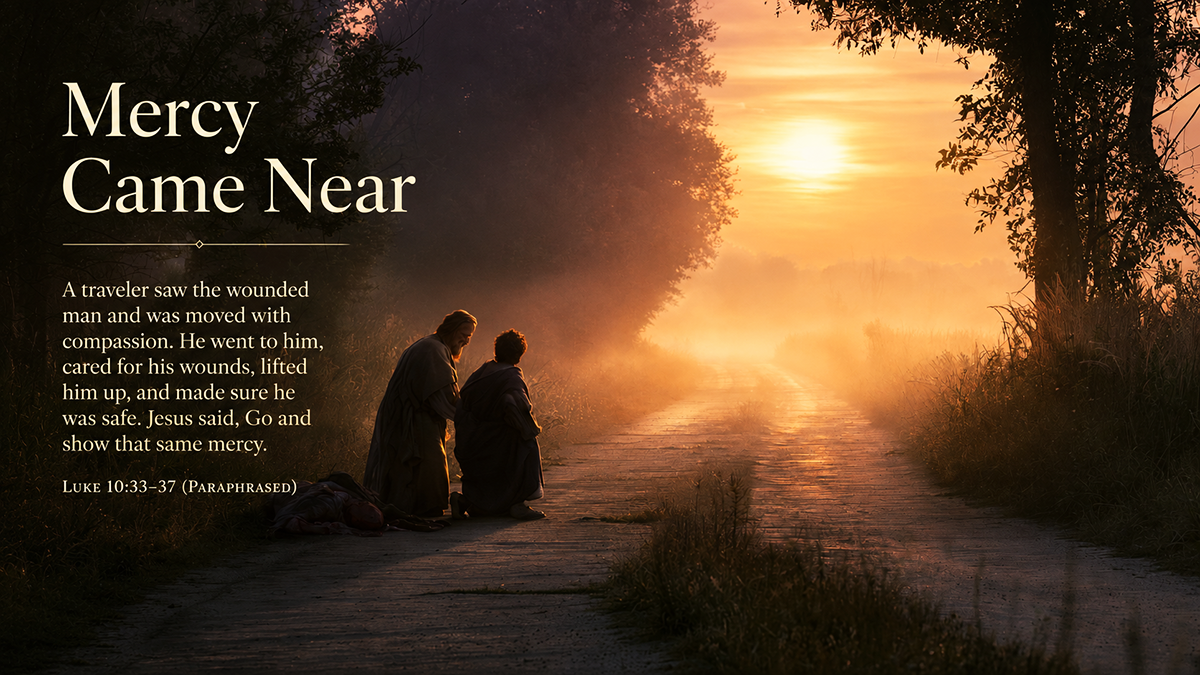 Mercy Came Near, a wide 16:9 photo-realistic image of a quiet road at sunrise where one traveler kneels beside a wounded person with gentle compassion. The image includes the title Mercy Came Near and a paraphrase of Luke 10:33-37 about love that stops and helps.