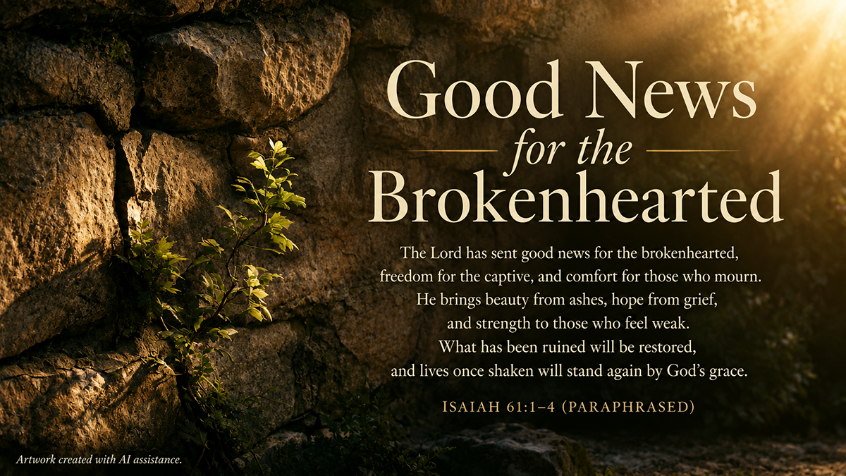 Good News for the Brokenhearted, a wide 16:9 photo-realistic image of warm sunlight breaking over a damaged stone wall with new green growth pushing through the cracks. The image includes the title Good News for the Brokenhearted and a paraphrase of Isaiah 61:1-4.