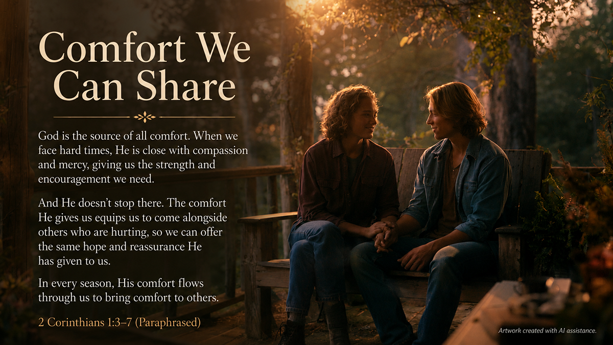 Comfort We Can Share, a wide 16:9 photo-realistic image of two people sitting together on a porch in soft evening light, one gently holding the other’s hand. The image includes the title Comfort We Can Share and a paraphrase of 2 Corinthians 1:3-7.