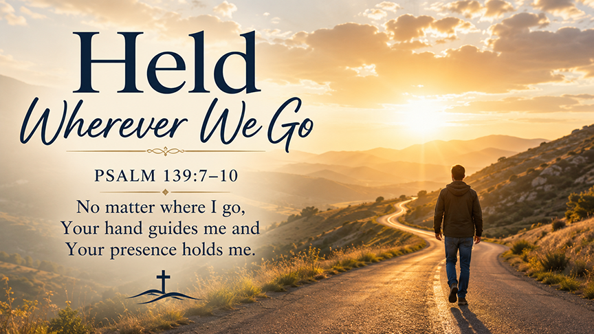 Held Wherever We Go, a wide 16:9 photo-realistic image of a winding road through hills at early morning, with soft sunlight breaking through clouds and a single person walking forward peacefully. The image includes the title Held Wherever We Go and a paraphrase of Psalm 139:7–10.
