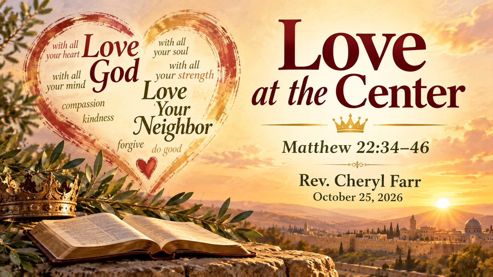 Love at the Center sermon graphic for Matthew 22:34&ndash;46, featuring a heart-shaped design with the words Love God and Love Your Neighbor, an open Bible, a golden crown symbolizing Christ's authority, and a warm sunrise over Jerusalem. Includes Rev. Cheryl Farr and October 25, 2026.