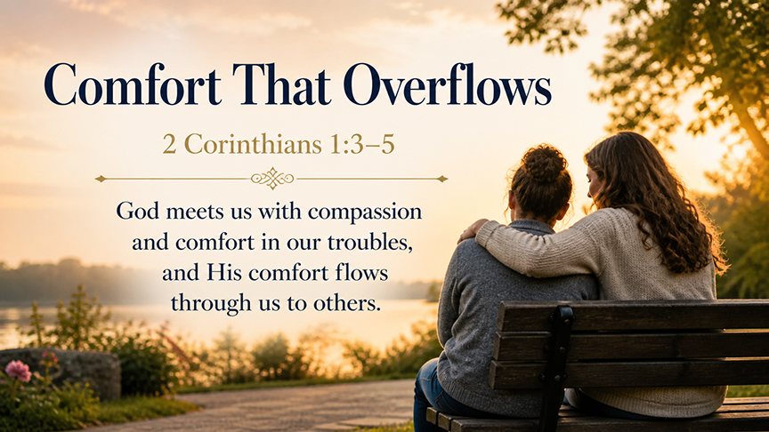Comfort That Overflows, a wide 16:9 photo-realistic image of one person sitting beside another on a quiet bench in soft evening light, symbolizing compassion, presence, and shared comfort. The image includes the title Comfort That Overflows and a paraphrase of 2 Corinthians 1:3–5.