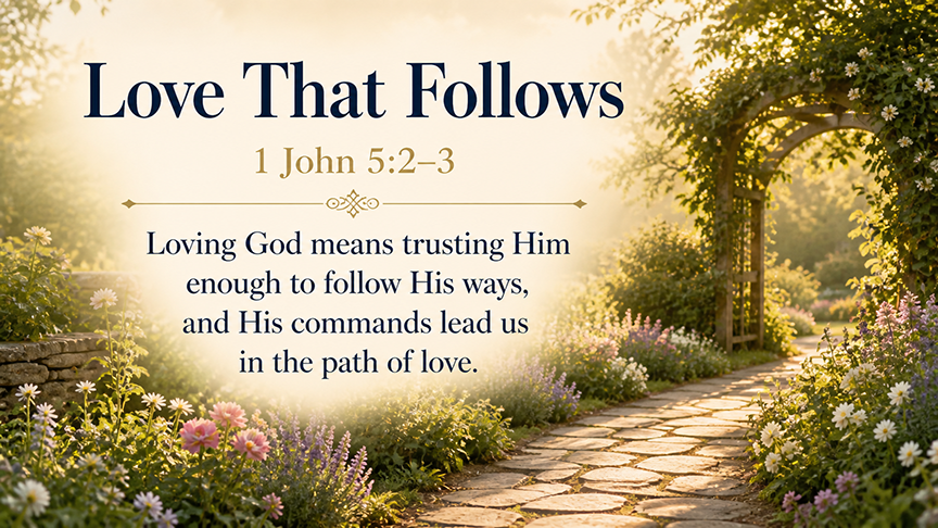 Love That Follows, a wide 16:9 photo-realistic image of a sunlit path through a quiet garden with soft flowers along the way, symbolizing obedience as the path love takes. The image includes the title Love That Follows and a paraphrase of 1 John 5:2–3.