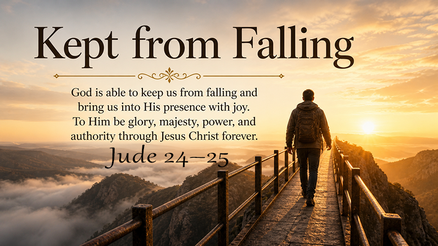 Kept from Falling, a wide 16:9 photo-realistic image of a person walking across a narrow bridge at dawn with a steady handrail and warm light ahead, symbolizing God’s preserving grace and faithful care. The image includes the title Kept from Falling and a paraphrase of Jude 24–25.