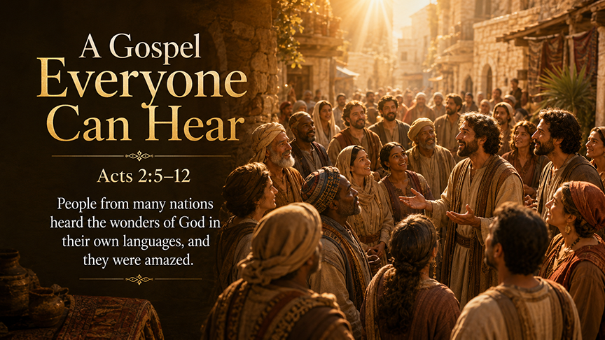 A Gospel Everyone Can Hear, a wide 16:9 photo-realistic image of a diverse crowd gathered in a sunlit Jerusalem street, faces turned with wonder as believers speak with joy and warmth, with soft golden Pentecost light above the scene, symbolizing Acts 2:5–12 and the gospel crossing every language and barrier. The image includes the title and a paraphrase of the text