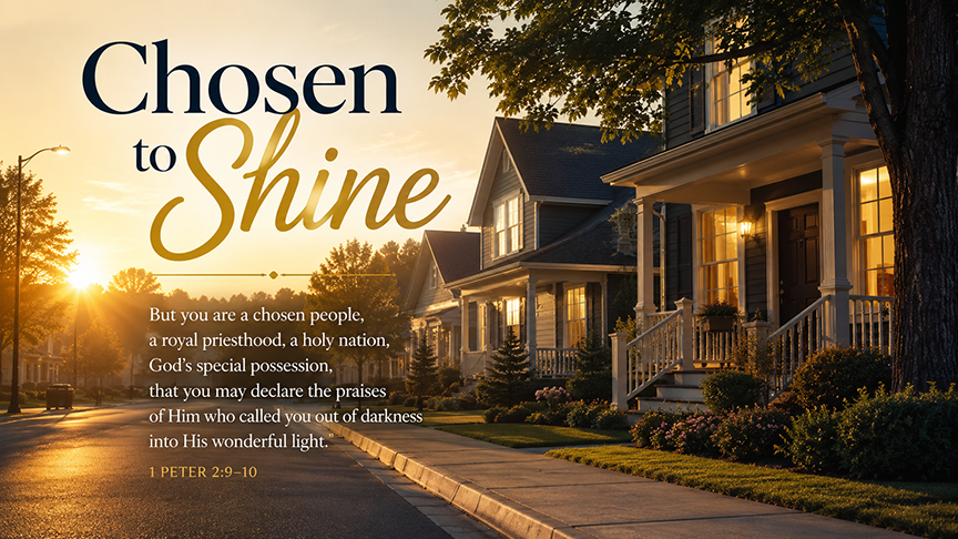 Chosen to Shine, a wide 16:9 photo-realistic image of a modern neighborhood at early morning with warm sunlight glowing through windows and across a quiet street, symbolizing God calling His people out of darkness into His light. The image includes the title Chosen to Shine and a paraphrase of 1 Peter 2:9–10.